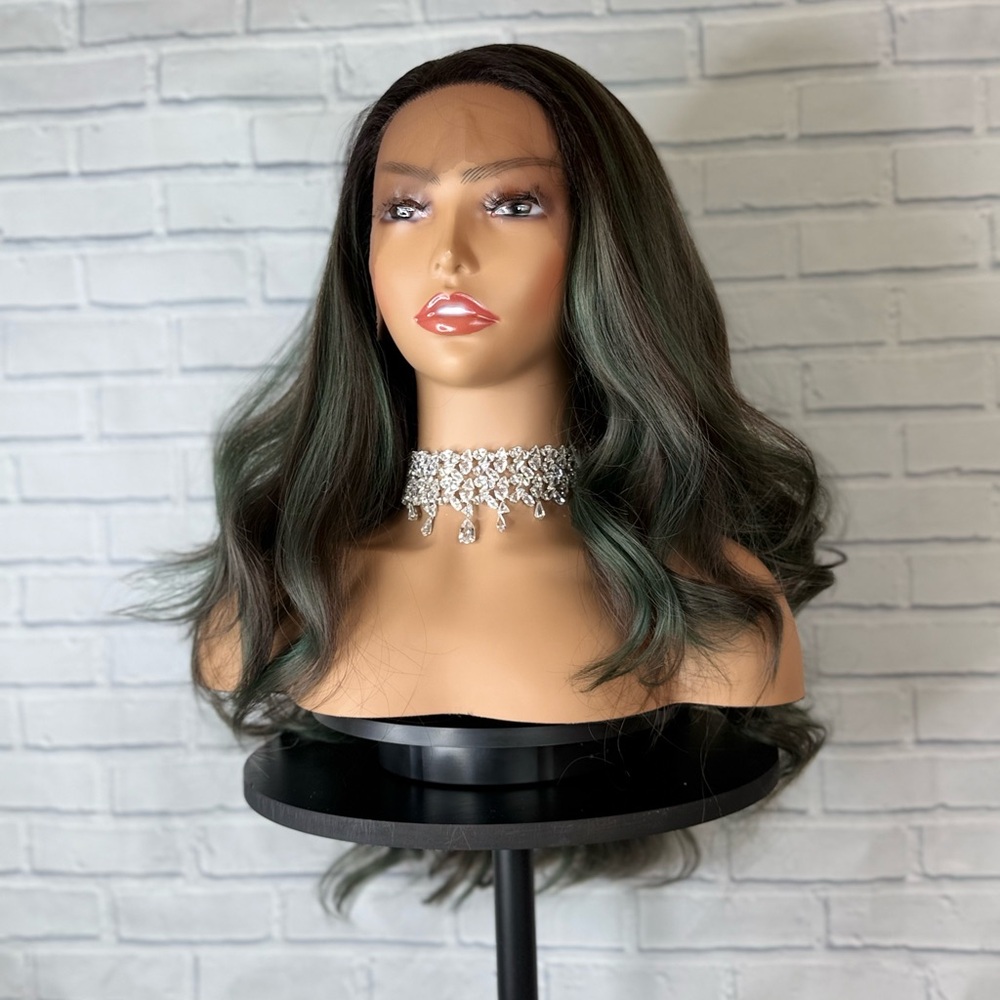 Lace front green and brown wavy wig 24 inch long premium quality synthetic hair